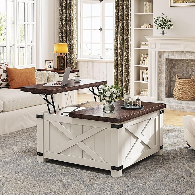 EnHomee Lift Top Coffee Table with Storage, 35.7" W Square Coffee Tables for Living Room, Small Coffee Table with Large Hidden Space, for Living Room, Bedroom, Home Office, White