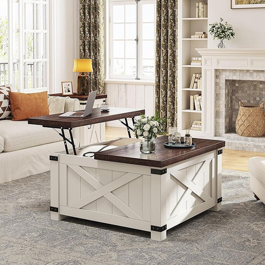 EnHomee Lift Top Coffee Table with Storage, 35.7" W Square Coffee Tables for Living Room, Small Coffee Table with Large Hidden Space, for Living Room, Bedroom, Home Office, White