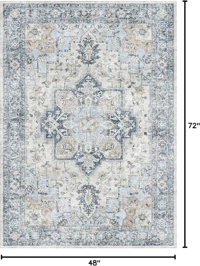 GENIMO 4x6 Area Rugs for Living Room, Machine Washable Rug, Non Slip Vintage Rugs, Low Pile Lightweight Chenille Print Rug for Bedroom, Dining Room, Home Office, Blue