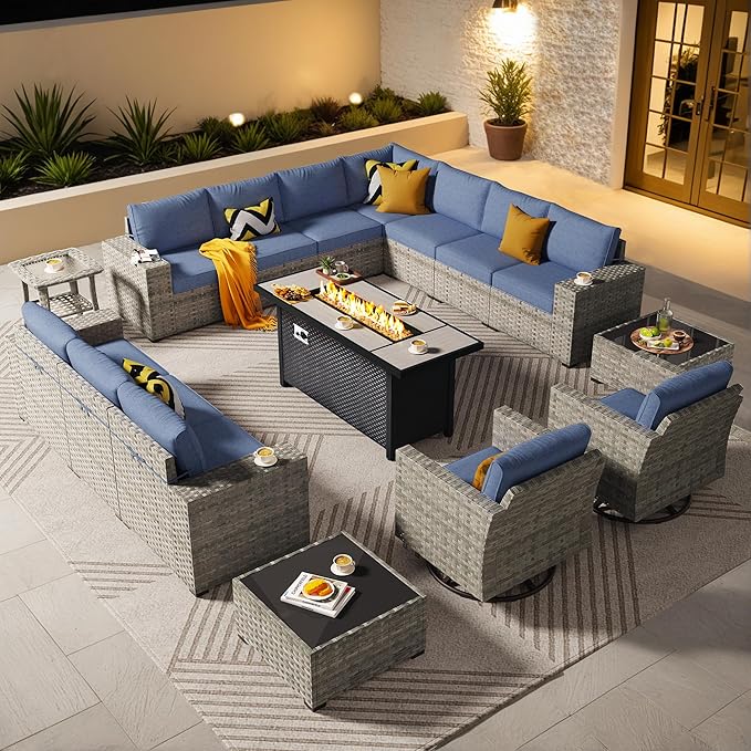 ovios 16 Pieces Patio Furniture Set, Outdoor Wicker Sectional Sofa with 54" Fire Pit Table Swivel Chairs, Modern Modular Deep Seat Rattan Couch Conversation Sets, Denim Blue