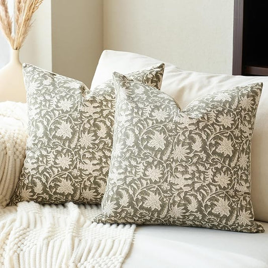 Floral Throw Pillow Covers 24x24 Farmhouse Block Print Pillow Covers Decorative Pillow Covers Couch Pillows for Living Room Vintage Accent Sofa Pillows Set of 2, Olive Green