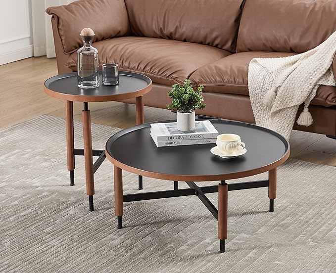 EALSON Nesting Coffee Table Set of 2 Round Coffee Tables with Black Metal Legs/Wood Top Mid Century Modern Centre Table Circle Accent Side Tables for Living Room Bedroom Walnut