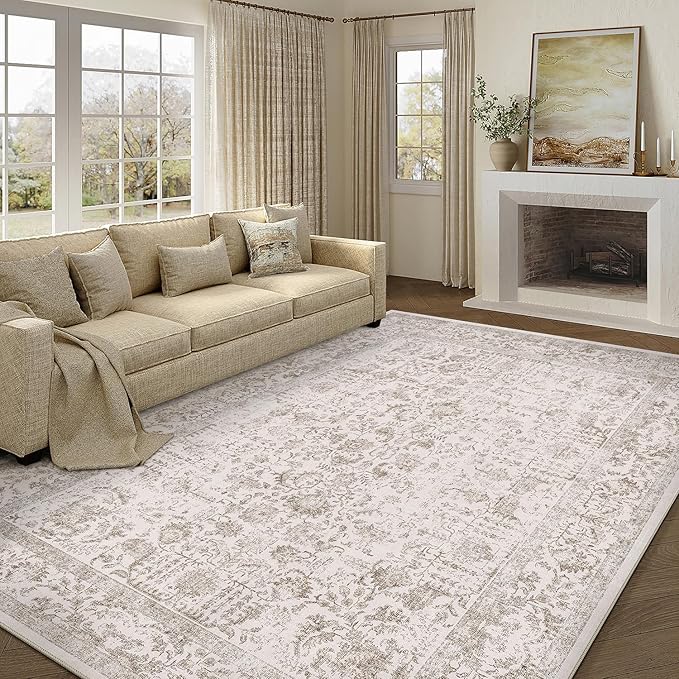 Light Brown Area Rug 9x12 Machine Washable Large Vintage Living Room Distressed Non Slip Carpet Traditional Indoor Bedroom Retro Floral Accent Throw Rug for Office Kitchen Dining Room