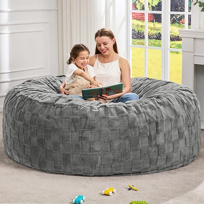 Hobestluk Bean Bag Chairs Beanbag Chair with Filler Adult Bean Bags with Fluffy Cover, Giant Bean Bag Chairs for Adults for Living Room, Bedroom (Grey, 6FT - 70" x 70" x 15")