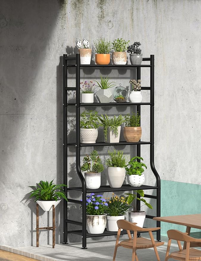 Plant Stand Indoor Outdoor, 5-Tier Metal Tall Plant Stands for Multiple Flower Planter Holder, Large Waterproof Plant Shelf for Living Room Garden Balcony, Black