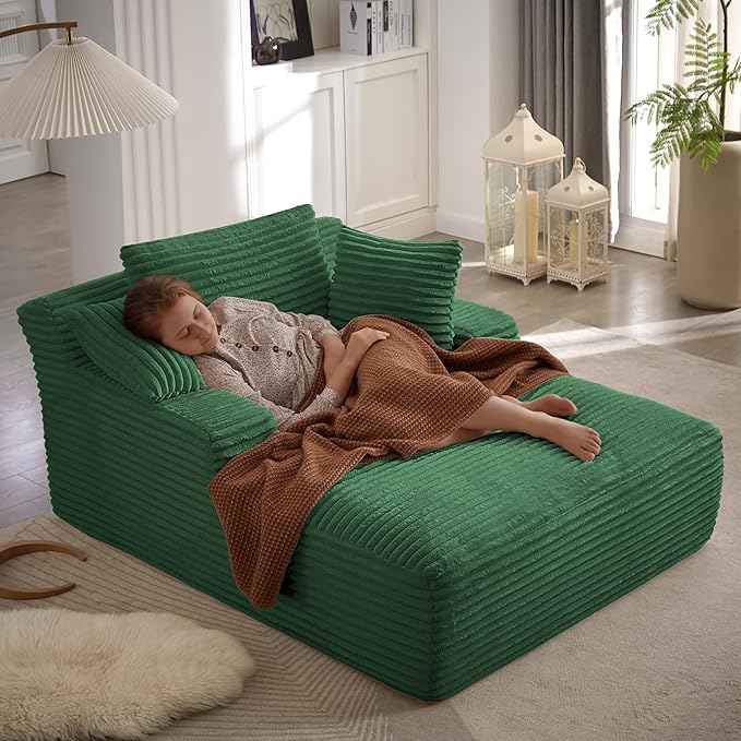 Boneless Couch Sofa Chiar Chaise Lounge Chair Indoor Upholstered Corduroy Couch Cloud Sleeper Sofa Oversized Reading Chair for Living Room No Assembly Required (Green, 50" W x 67" D)