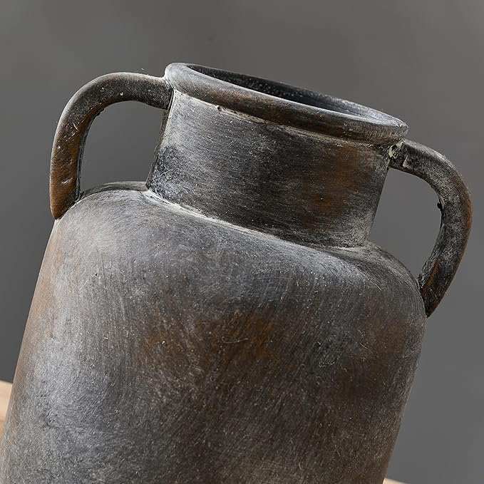 Antique Ceramic Vase with 2 Handles, 6.1 Inch Farmhouse Rustic Flower Vase, Small Vintage Terracotta Vases for Home Decor, Wedding, Living Room, Table, Shelf Decor, Black Bronze