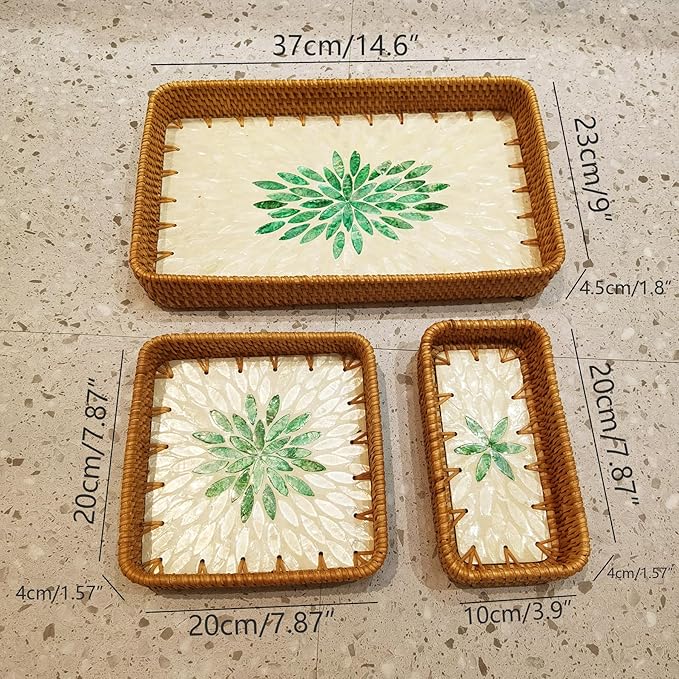 i-lan Set of 3 15 Inch Rattan Woven Serving Tray Basket with Handles and MOP Wooden Base, Boho Wicker Coffee Table Décor Serving Tray with 2 Inch Wall, Handmade Display Basket for Everywhere