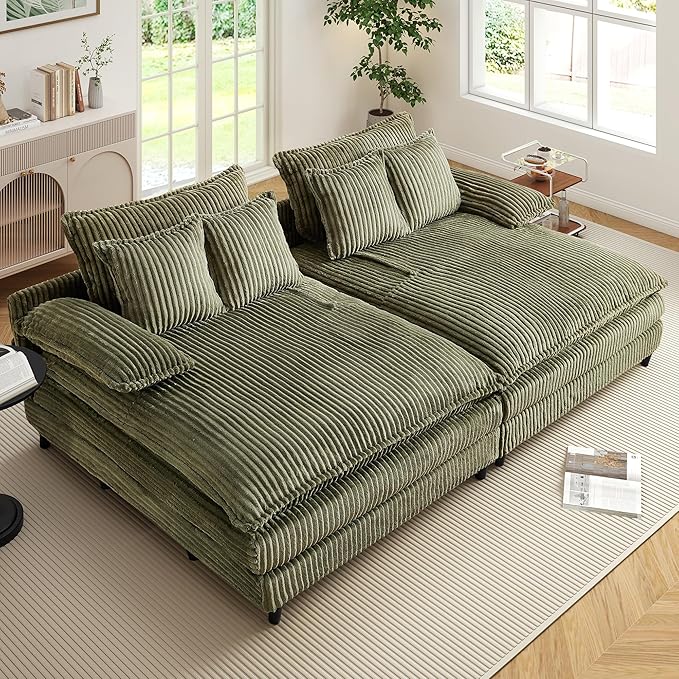 110" W Oversized Double Chaise Lounge Sofa Couch, Corduroy Sleeper Sofa Bed with Adjustable Backrest, Modern Upholstered Cloud Couch with Deep Seat & Pillows for Living Room, Green