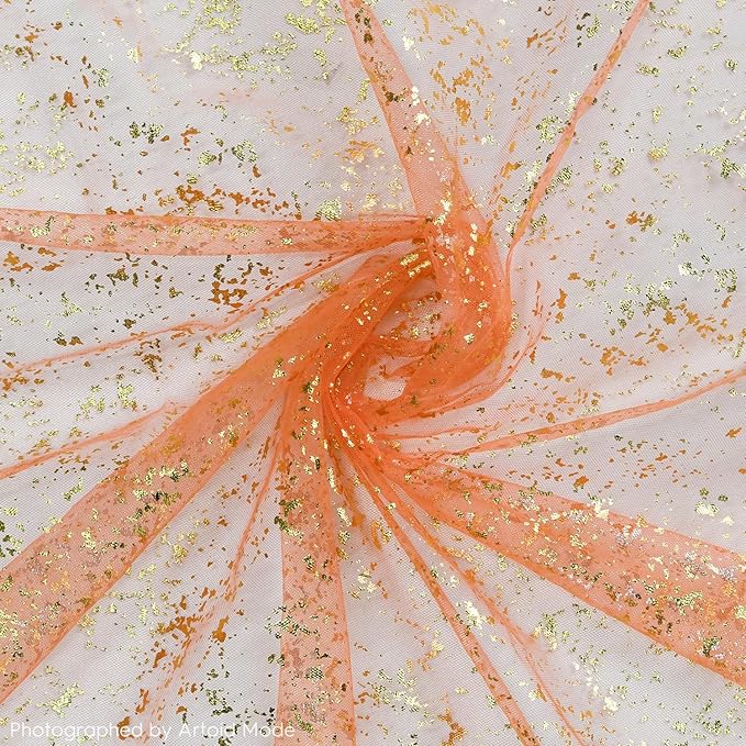 Artoid Mode 3PCS Orange Gold Gauze Table Runner 120 Inch 10FT, Glitter Metallic Foil Sheer Dining Wedding Anniversary Holiday Table Decor for Home Party