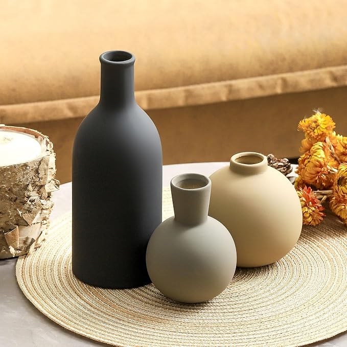 Ceramic Vase Set of 3, Flower Decorative Vases Home Decor Boho Neutral Modern Pottery Pampas Vases for Centerpiece Bouquet Table Mantel Entryway Bookshelf Living Room Bedroom Bathroom Kitchen
