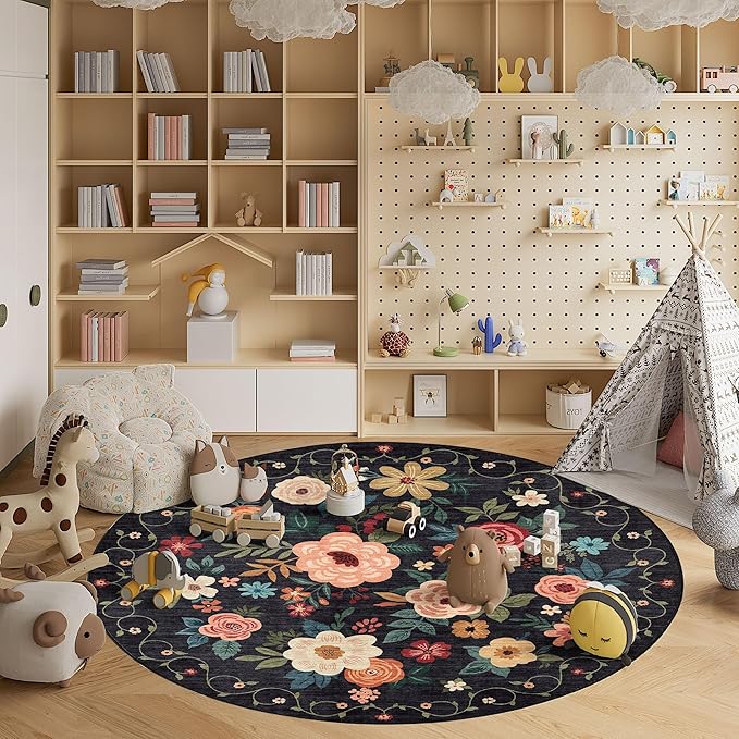 DUKINO Floral Round Rug, 6ft Washable Circle Rug, Non Slip Indoor Low Pile Circle Rug, Soft Small Boho Design Carpet for Bedroom, Entryway, Living Room, Dining Room, Black