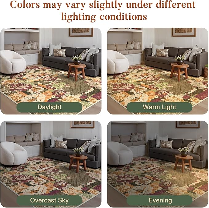 GENIMO 5X7 Floral Area Rugs for Living Room, Machine Washable Non Slip Vintage Patchwork Washable Rug, Ultra-Thin Low Pile Chenille Rugs for Bedroom, Dining Room, Auburn Cinnamon