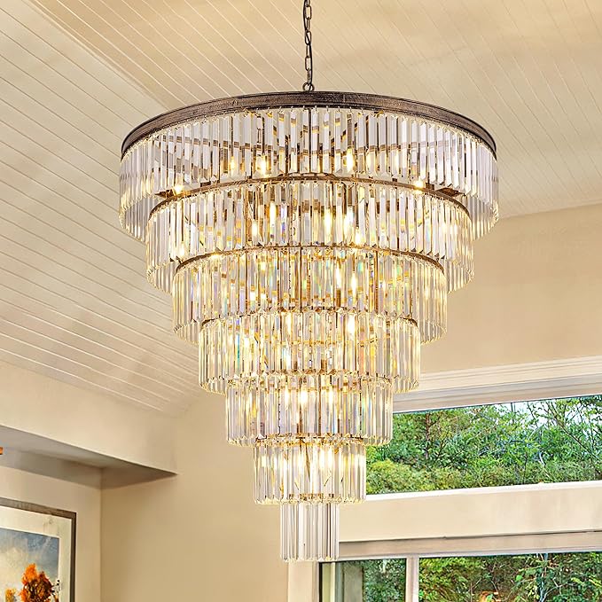 TOCHIC Large Crystal Chandelier for High Ceiling, 40 inch 7-Tier Modern Bronze Crystal Chandeliers Lighting Fixture, Round Light for Entryway Staircase Foyer Living Dining Room