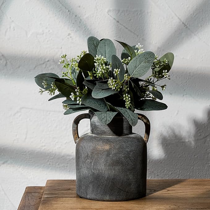 Antique Ceramic Vase with 2 Handles, 6.1 Inch Farmhouse Rustic Flower Vase, Small Vintage Terracotta Vases for Home Decor, Wedding, Living Room, Table, Shelf Decor, Black Bronze