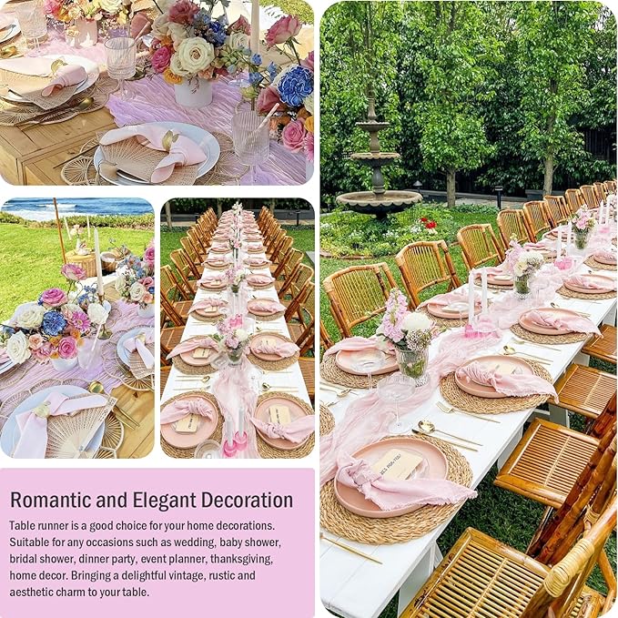 8 Pack Light Pink Easter Cheesecloth Table Runner 35x120 Inches 10ft Boho Gauze Cheese Cloth Runners, Long Romantic Sheer Table Runner Table Cloht for Wedding Bridal Shower Party Table Decor