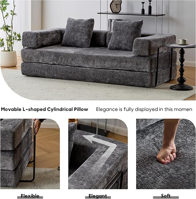 Convertible Floor Sofa Bed with Fixed-Shape Frame, Modular Chenille Folding Mattress Couch with Armrest, Floor Sofa Lounge Couch for Living Room Bedroom Lounge Studio,Dark Grey