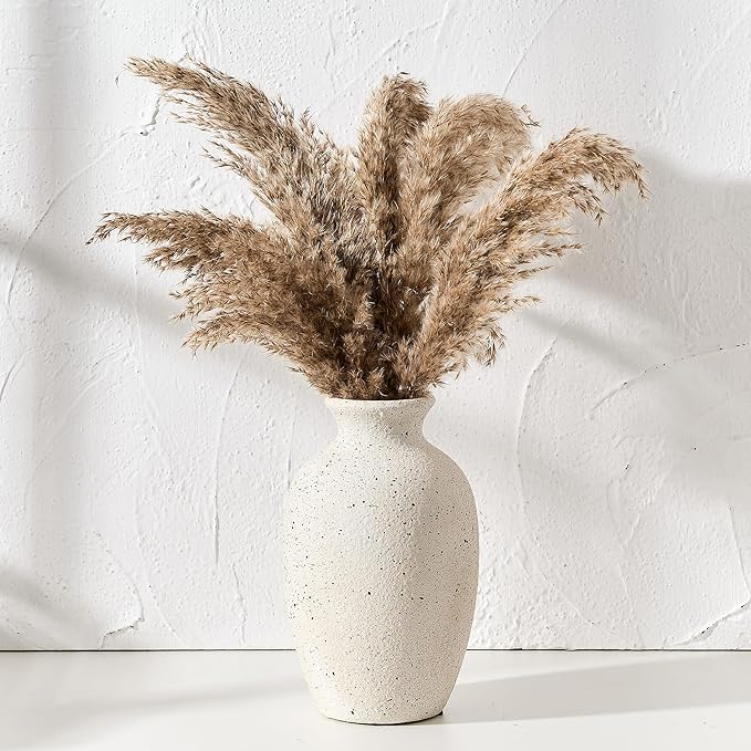 Ceramic Rustic Flower Vase, 8.38 Inch Vintage Pottery Home Decor, Antique Farmhouse Terracotta Vase for Living Room, Table, Shelf, Mantel Decoration, Farmhouse - Off-White