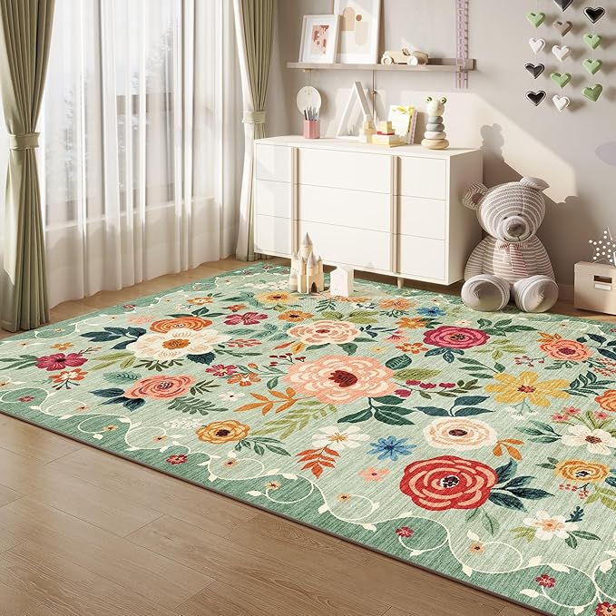 DUKINO 8x10 Area Rug, Floral Rugs for Living Room, Lightweight Non Slip Washable Rug, Indoor Low Pile & Non-Shedding Boho Design Rugs for Bedroom, Living Room, Dining Room, Green