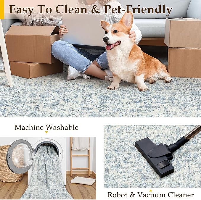 Blue Area Rug 5x8 Machine Washable Vintage Living Room Distressed Non Slip Carpet Traditional Indoor Bedroom Retro Floral Accent Throw Large Rug Office Kitchen Bathroom Dining Room