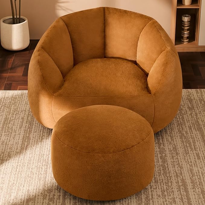 Giant Bean Bag Chaise Lounge Indoor Chair for Adults with Ottoman - Comfy Plush Round Shell Soft Accent Chair, Oversized Cozy Floor Sofa for Living Room Dorm Game Rooms, Orange