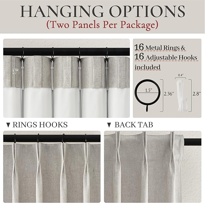 Grey Beige Viral Thick Linen Blackout Curtains 90 Inches Long for Bedroom/Dining Room 2 Panels Set, Neutral Pinch Pleated Melange Energy Efficient Sunblock Drapes with White Backing (40"Wx90"L)