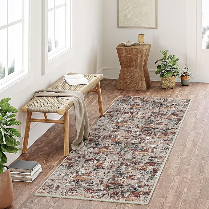 Modern Brown Runner Rug 2x6 Washable Hallway Red Brown Multi Bedroom Carpet Non Slip Kitchen Indoor Accent Neutral Abstract Distressed Throw Rug Dining Laundry Living Room Bathroom