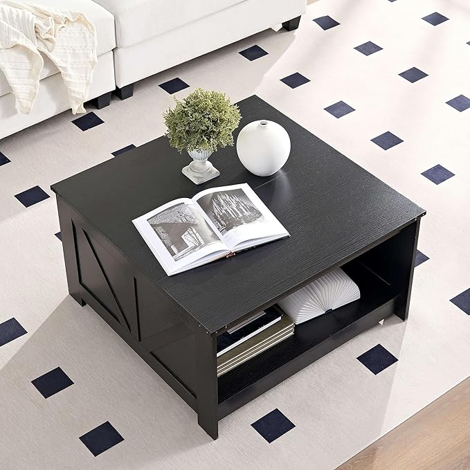 Farmhouse Coffee Table for Living Room, Wood Square Coffee Tables, 31.5" W x 31.5" D, Black