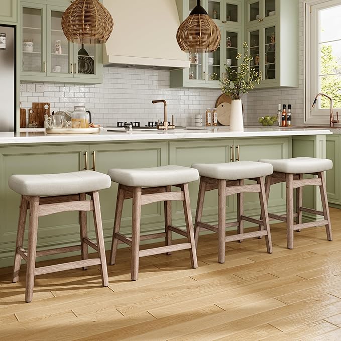MAISON ARTS Counter Height Bar Stools Set of 4 for Kitchen Counter Solid Wood Legs with Fabric Saddle Seat Farmhouse Barstools for 34"-38" Counter Island Upholstered Stools, 24in, Creamy White