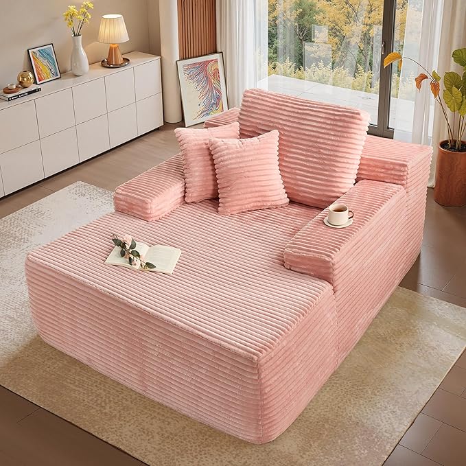 Chaise Lounge Chair Indoor, 67" Oversized Comfy Plush Fur Sleeper Sofa Bed, Boneless Upholstered Recliner Bed with Pillows and Wide Armrests, Modern Cloud Couch for Living Room, Pink