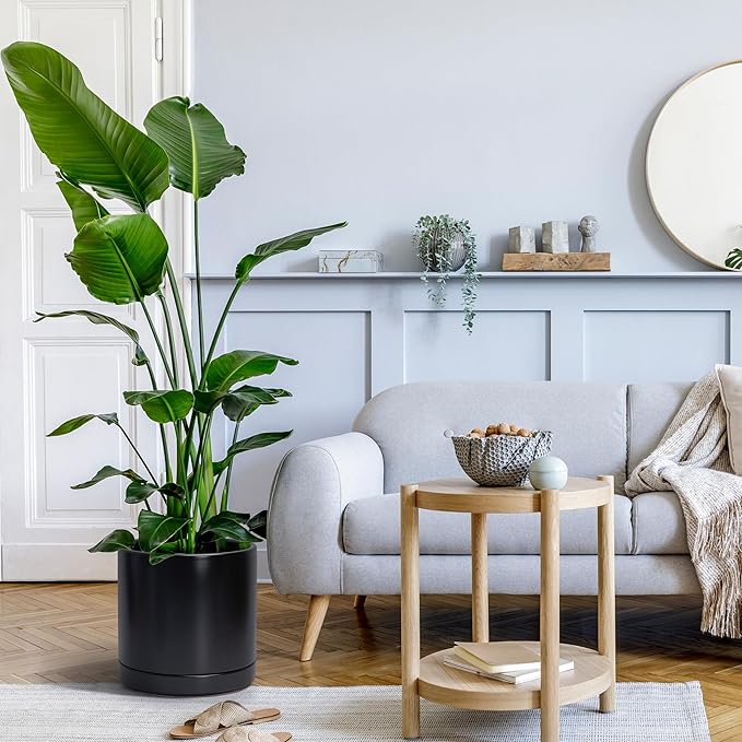 D'vine Dev 10 Inch Ceramic Planter Pot with Drainage Hole and Saucer, Indoor Cylinder Round Planter Pot, Black, 94-O-E-2