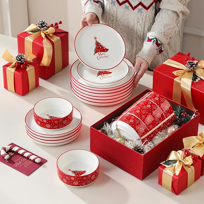 MALACASA Plates and Bowls Sets, 18 Pieces Christmas Porcelain Dinnerware Set for 6, Ceramic Dishware Dishes Kitchen Dining Ware Set, Microwave and Dishwasher Safe, Series LUNA-Christmas Tree