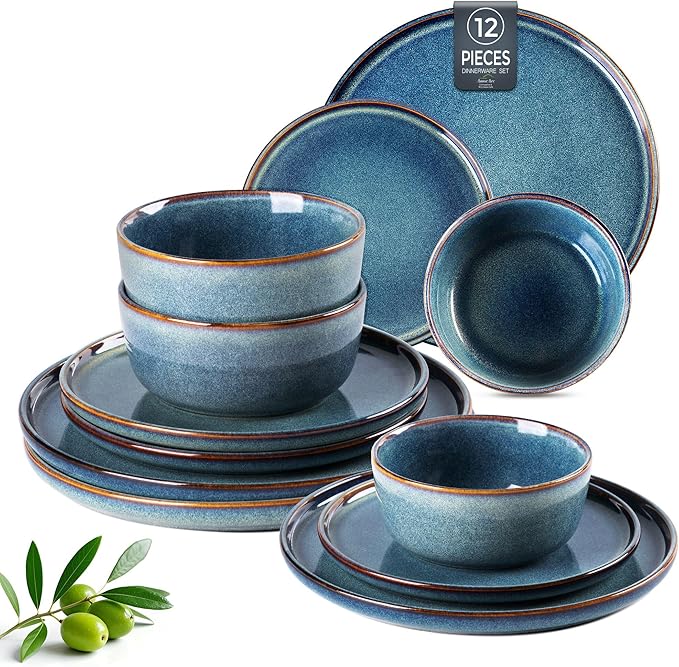 AmorArc Ceramic Dinnerware Sets for 4,Round Reactive Glaze Stoneware Plates and Bowls Set,Highly Scrath Resistant Dishware | Dishwasher & Microwave Safe Dishes Set,Service for 4 (12pc)