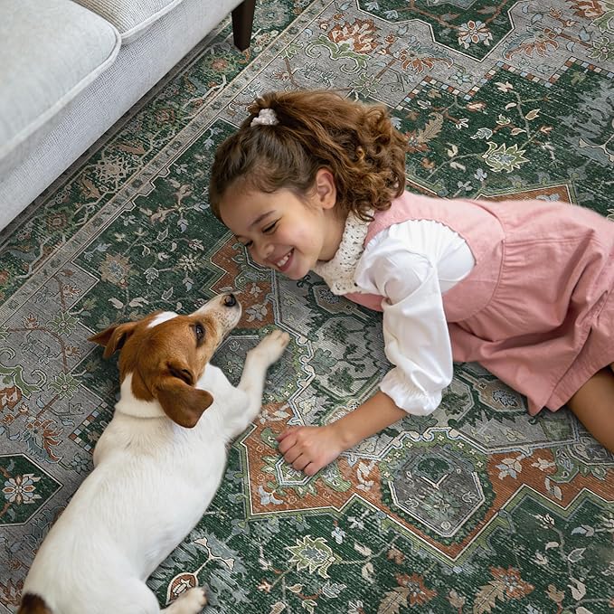 GENIMO 2x10 Runner Rugs for Hallway, Machine Washable Non Slip Vintage Rugs, Low Pile Lightweight Soft Print Rug for enrtyway, Corridor, Home Office, Kitchen,Pine Green