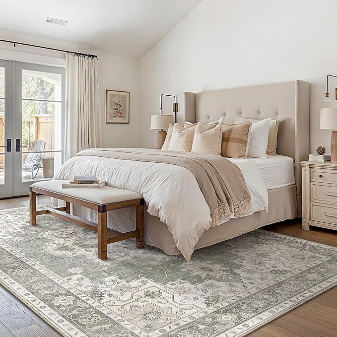 GENIMO 9x12 Area Rugs for Living Room, Non Slip Machine Washable Vintage Rugs, Low Pile Lightweight Chenille Print Large Rug for Bedroom, Dining Room, Home Office, Moonlight