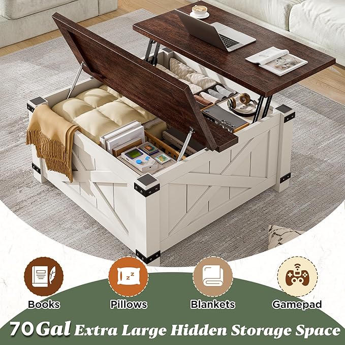 EnHomee Lift Top Coffee Table with Storage, 36" Farmhouse Coffee Tables for Living Room, Square Coffee Table with Large Hidden Space, for Living Room, Bedroom, Home Office, White
