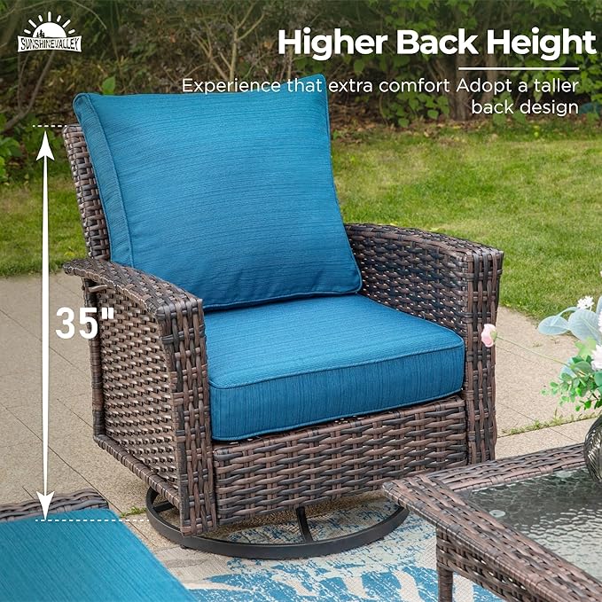 Patio Wicker Swivel Chairs Set of 2, Outdoor High Back Chairs with 5.5" Waterproof Cushions and Side Table, Outdoor Furniture Set for Deck Porch and Yard, Peacock Blue