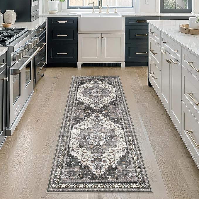 GENIMO 3X8 Hallway Runner Rug, Machine Washable Non Slip Vintage Floral Patchwork Runners, Thin Low Pile Chenille Carpet Runners for Entryway, Kitchen, Bathroom, Bedroom, Slate Gray