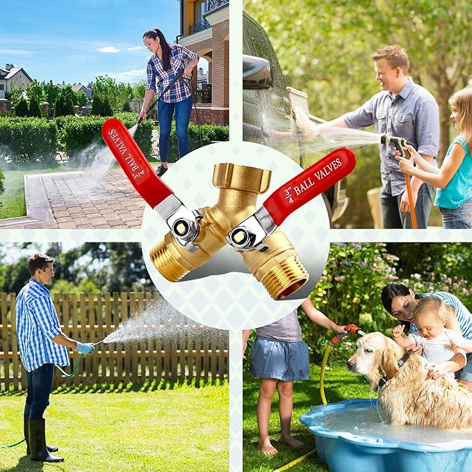 Garden Hose Splitter 2-Way, Heavy-Duty Brass Hose Splitter with Stainless Steel Long Handle, 3/4-inch GHT Thread Garden Hose Y-Splitter 2-Way, Includes 2 Extra Washers and 1 Roll of Tape