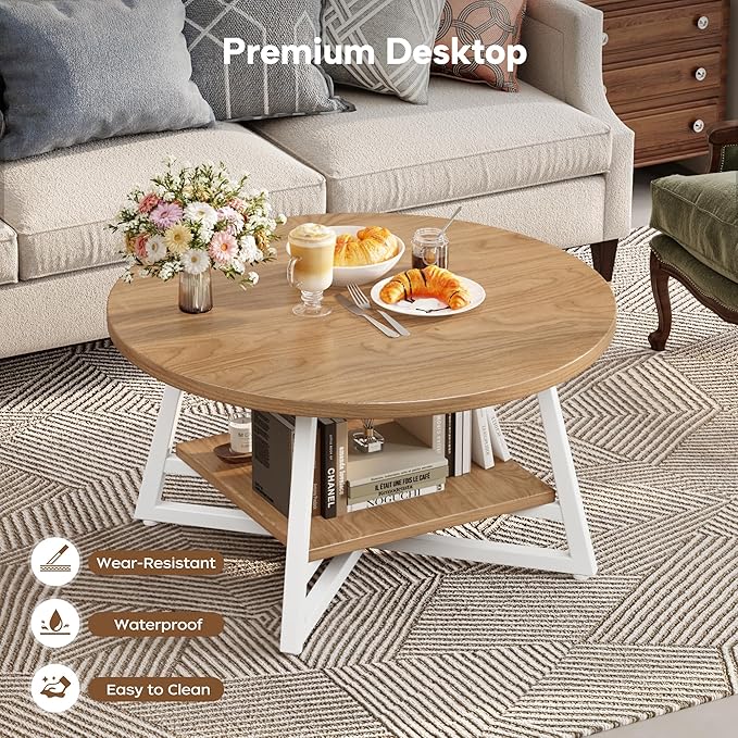 Coffee Table for Living Room, Round Coffee Table, Small Circle Coffee Table with Storage, Modern Wood Round Center Table for Home Office, Small Space, Easy Assembly, Light Coffee