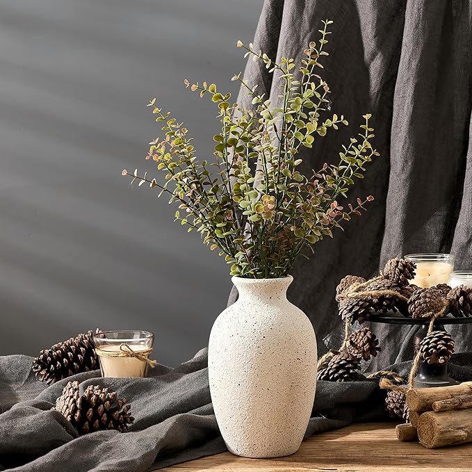 Ceramic Rustic Flower Vase, 8.38 Inch Vintage Pottery Home Decor, Antique Farmhouse Terracotta Vase for Living Room, Table, Shelf, Mantel Decoration, Farmhouse - Off-White