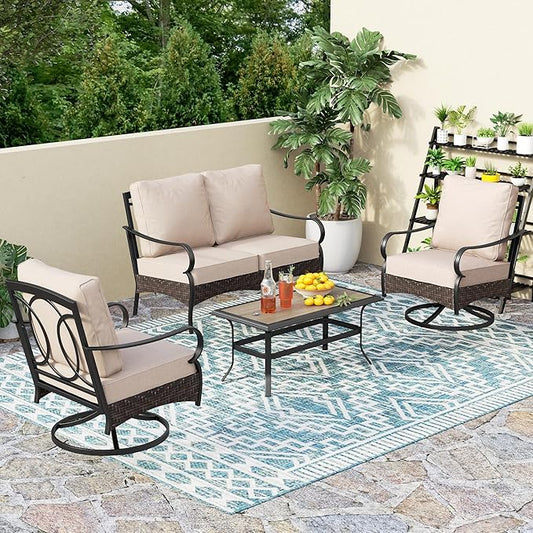 PHI VILLA Outdoor Porch Furniture Set, Upgraded Wicker&Metal Deep Seating Patio Furniture Conversation Set with Waterproof Thick Cushions for Balcony, Deck, and Yard (4 Pieces,Beige)