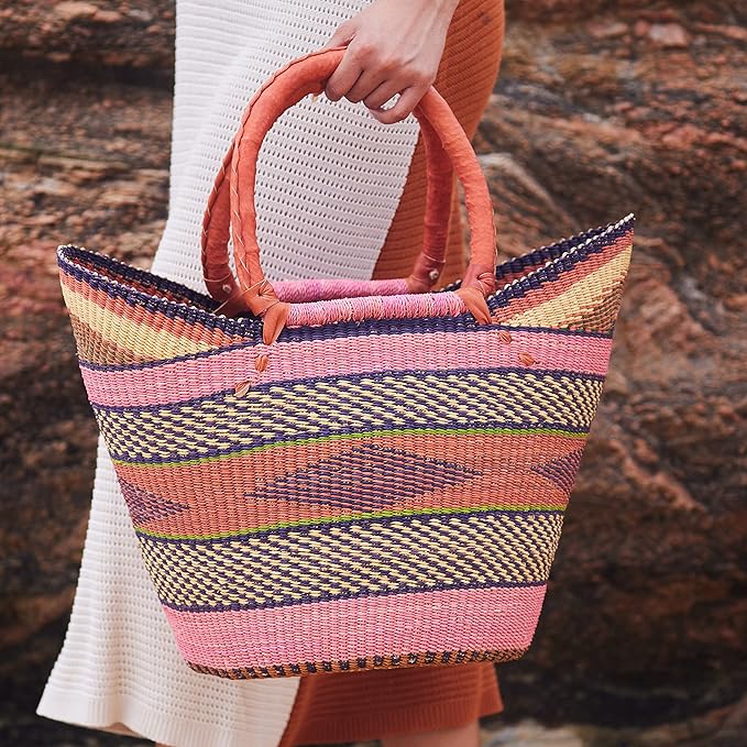 AYÉYA Handwoven African Basket – Winged Style – Wide Open Wicker Tote with Leather Handles – Unique Market or Foraging Basket – Handmade in Ghana