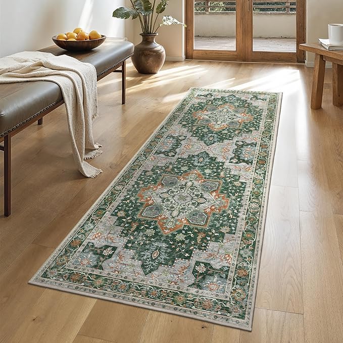 GENIMO 2x5 Runner Rugs for Hallway, Machine Washable Non Slip Vintage Rugs, Low Pile Lightweight Soft Print Rug for enrtyway, Corridor, Home Office, Kitchen,Pine Green