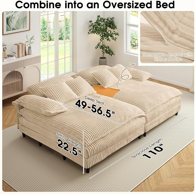 55" W Oversized Chaise Lounge Sofa Couch with 5-Position Adjustable Backrest, Corduroy Sleeper Sofa Bed, Reading Chair ‌with Deep Seat, Cloud Couches for Living Room, Khaki