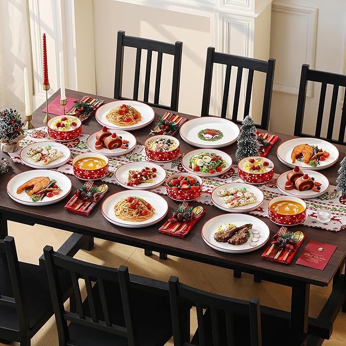 MALACASA Plates and Bowls Sets, 18 Pieces Christmas Porcelain Dinnerware Set for 6, Ceramic Dishware Dishes Kitchen Dinner Dining Ware Set, Microwave and Dishwasher Safe, Series LUNA-Santa Claus