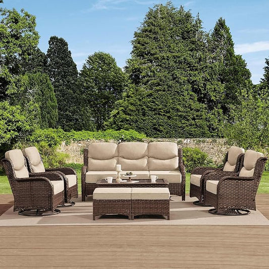 HILLGA Luxury High Back Patio Furniture Set with 6-Inch Thick Cushion, 8-Piece Outdoor Conversation Set with Sofa, Swivel Rocker Chairs & Ottomans, Ideal for Porch Pool Deck Yard (Beige)
