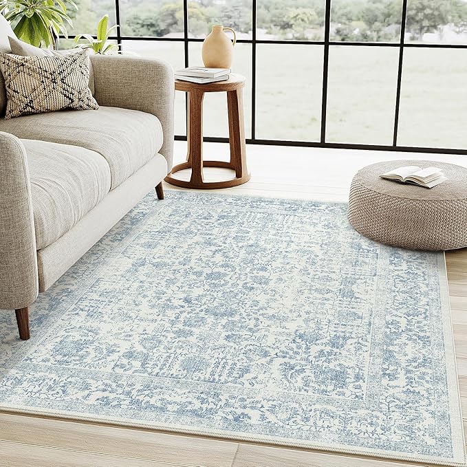 Blue Area Rug 4x6 Office Entryway Rug Machine Washable Kitchen Vintage Distressed Non Slip Carpet Indoor Retro Floral Accent Throw Door Mat for Bathroom Bedroom Dining Living Room