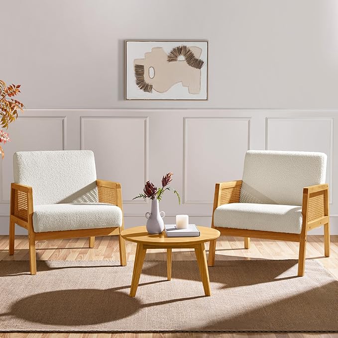 Yaheetech Boucle Fabric Accent Chair, Vintage Rattan Vanity Chair with Wood Armrest and Legs for Living Room Bedroom Makeup Room, Ivory, 2 pcs