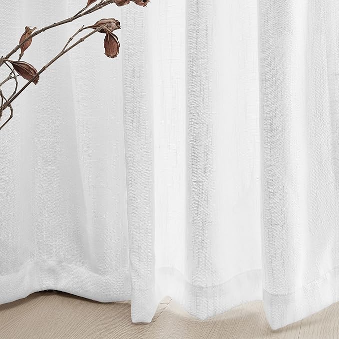 MYSKY HOME Floor to Ceiling Curtains 102 Inches White Sheer Window Drapes 2 Panel Sets Back Tab Draperies Linen Look Boho Fabric, Soft Cotton Blend Light Filtering for Living Room